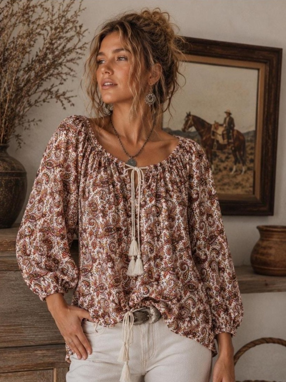 Denim & Supply Woman's Paisley Floral Hippie Peasant Blouse Sz SP